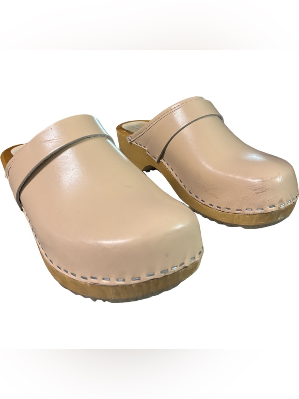BJORK BJÖRK | Maja Wood Open Back Clogs Almond Nude Beige Leather | Size 8